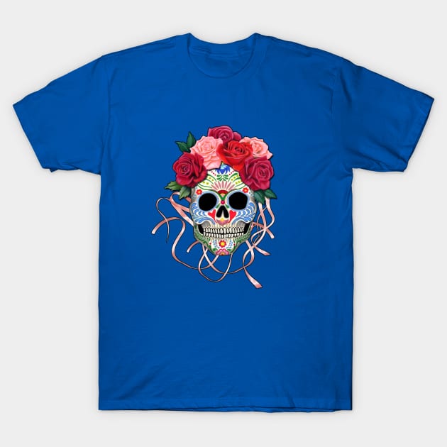 Mexican Roses Skull with Pink Ribbons T-Shirt by Colette